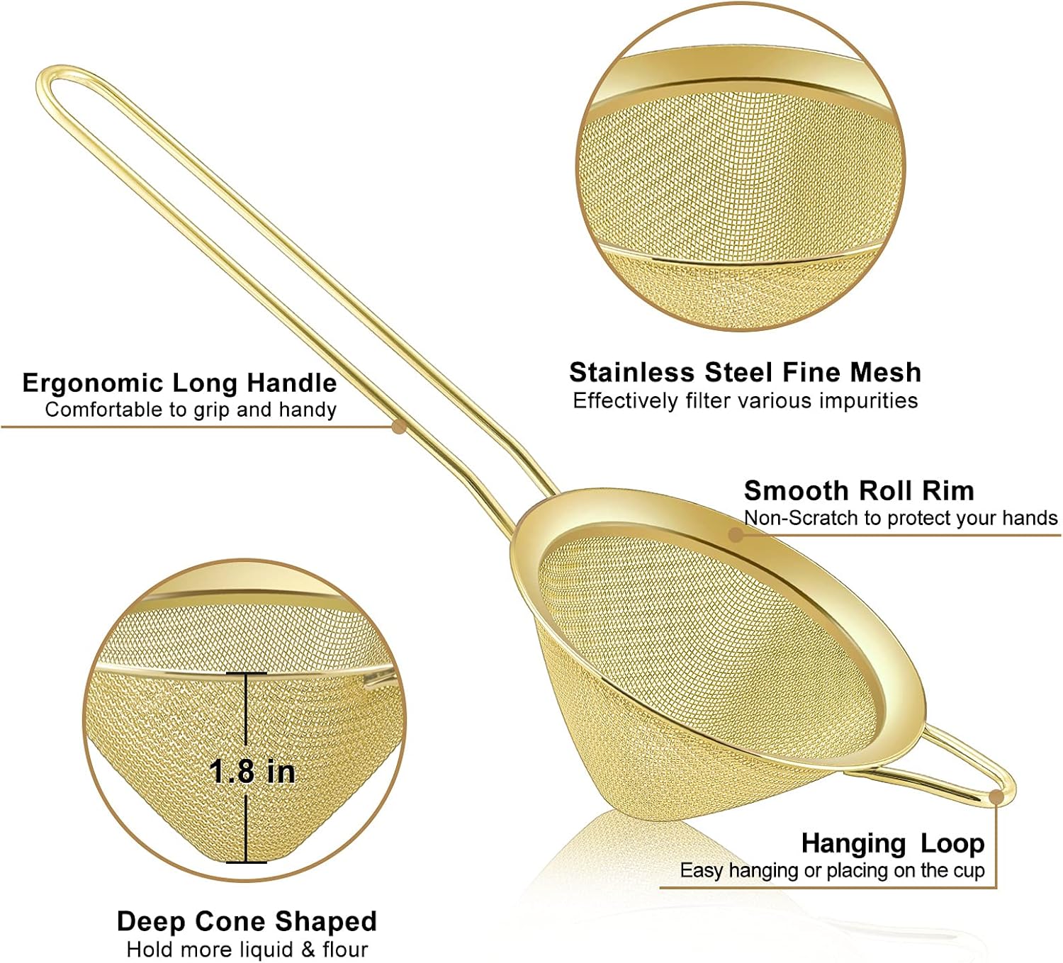 TeamFar Fine Mesh Strainer Set of 2 Gold