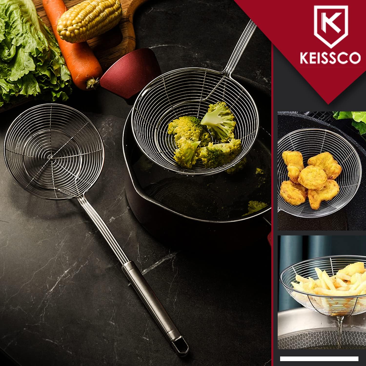 KEISSCO Stainless Steel Skimmer Set of 3 for Frying and Cooking
