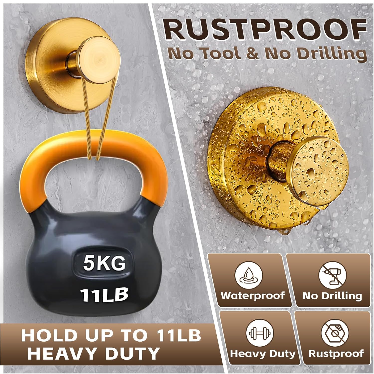 Supopular Reusable Suction Cup Hooks - Heavy Duty 22 Brushed Gold