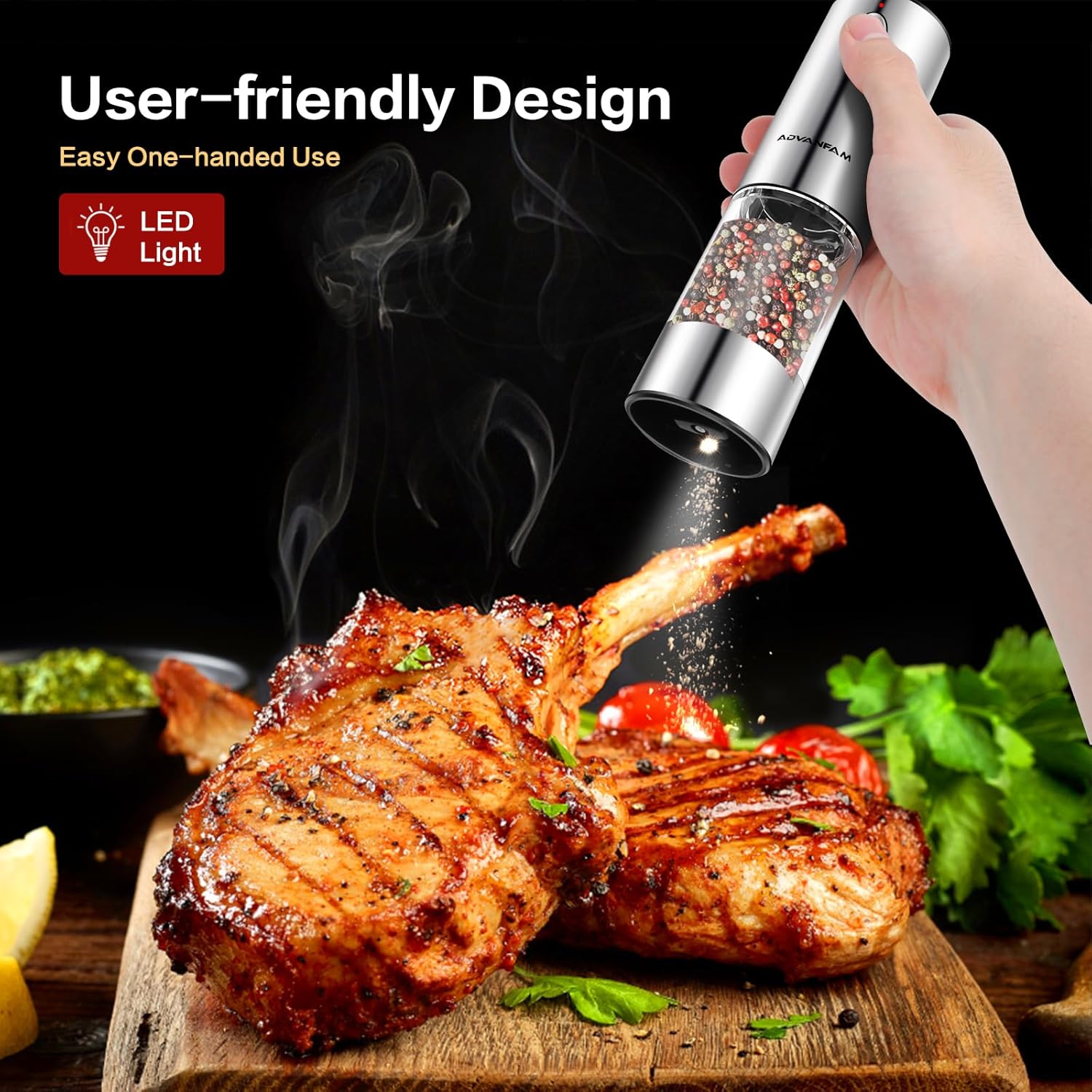Advanfam Electric Pepper Salt Grinder Set with LED Light