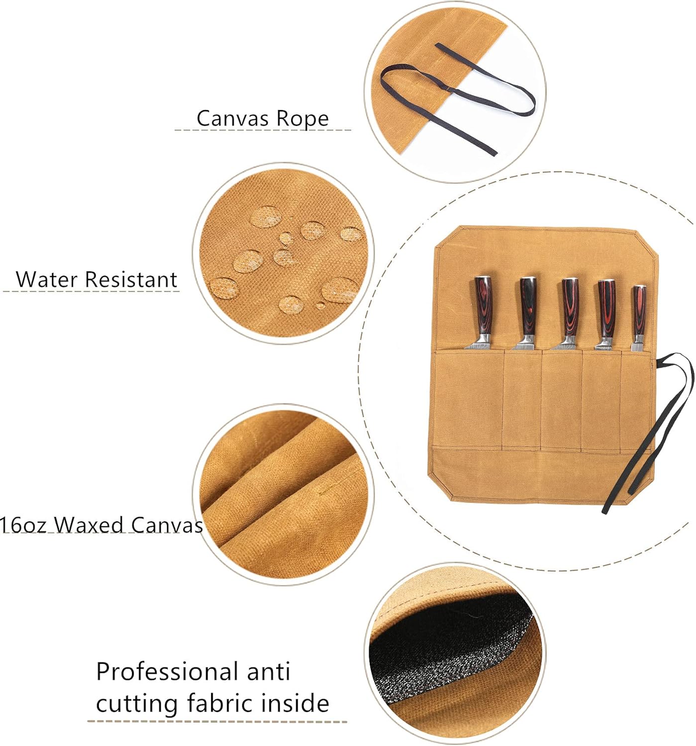 Denifiter Knife Roll Case with 5 Pockets - Durable Waxed Canvas