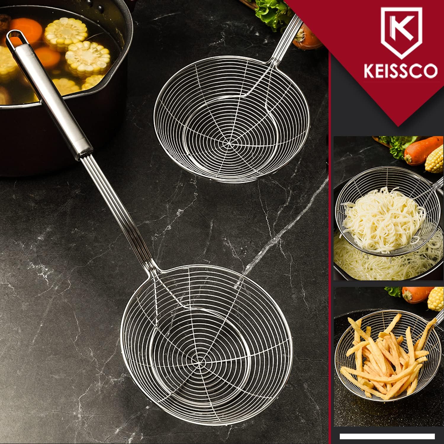 KEISSCO Stainless Steel Skimmer Set of 3 for Frying and Cooking