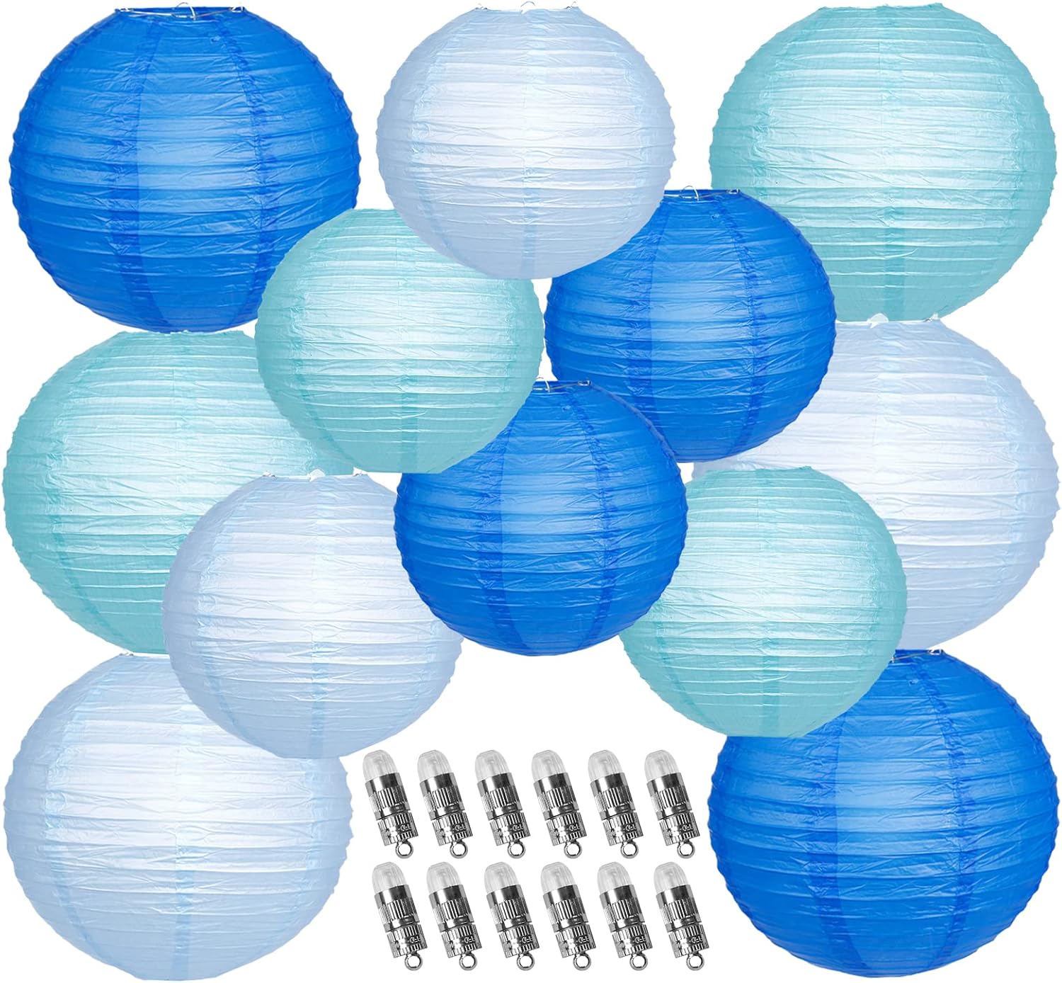 YUNXUAN Blue Paper Lanterns with LED Lights Set of 12
