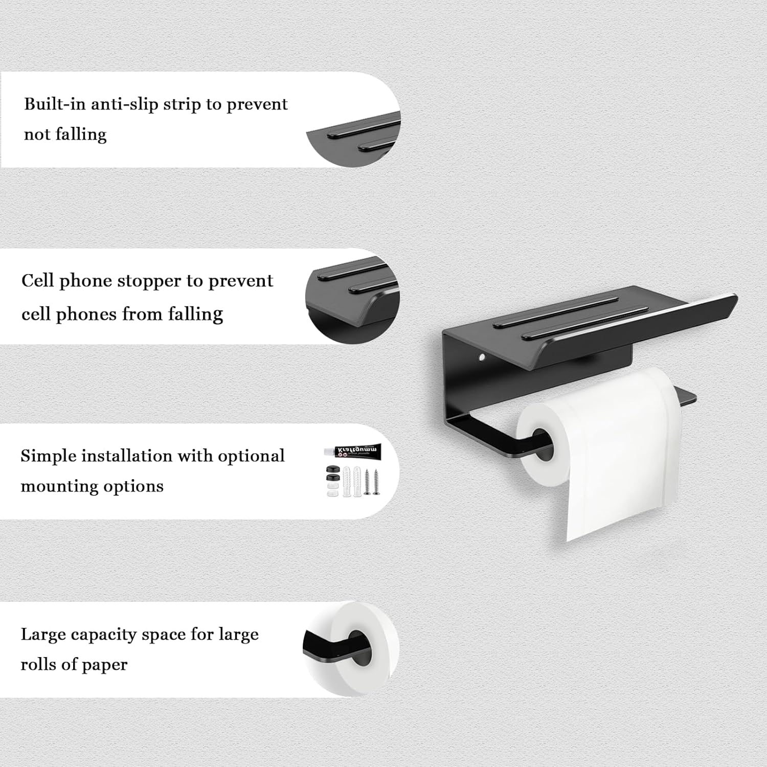 Matte Black Toilet Paper Holder with Bathroom Shelf