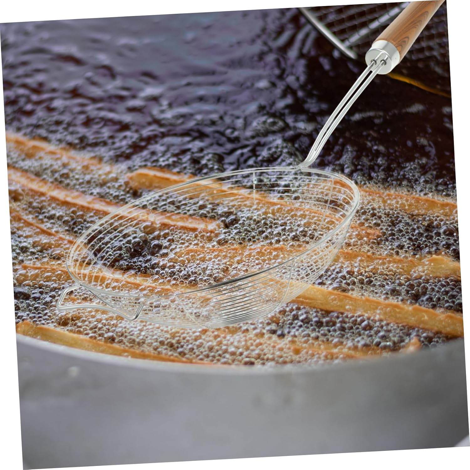 BRIGHTFUFU 304 Stainless Steel Skimmer Spoon with Wooden Handle