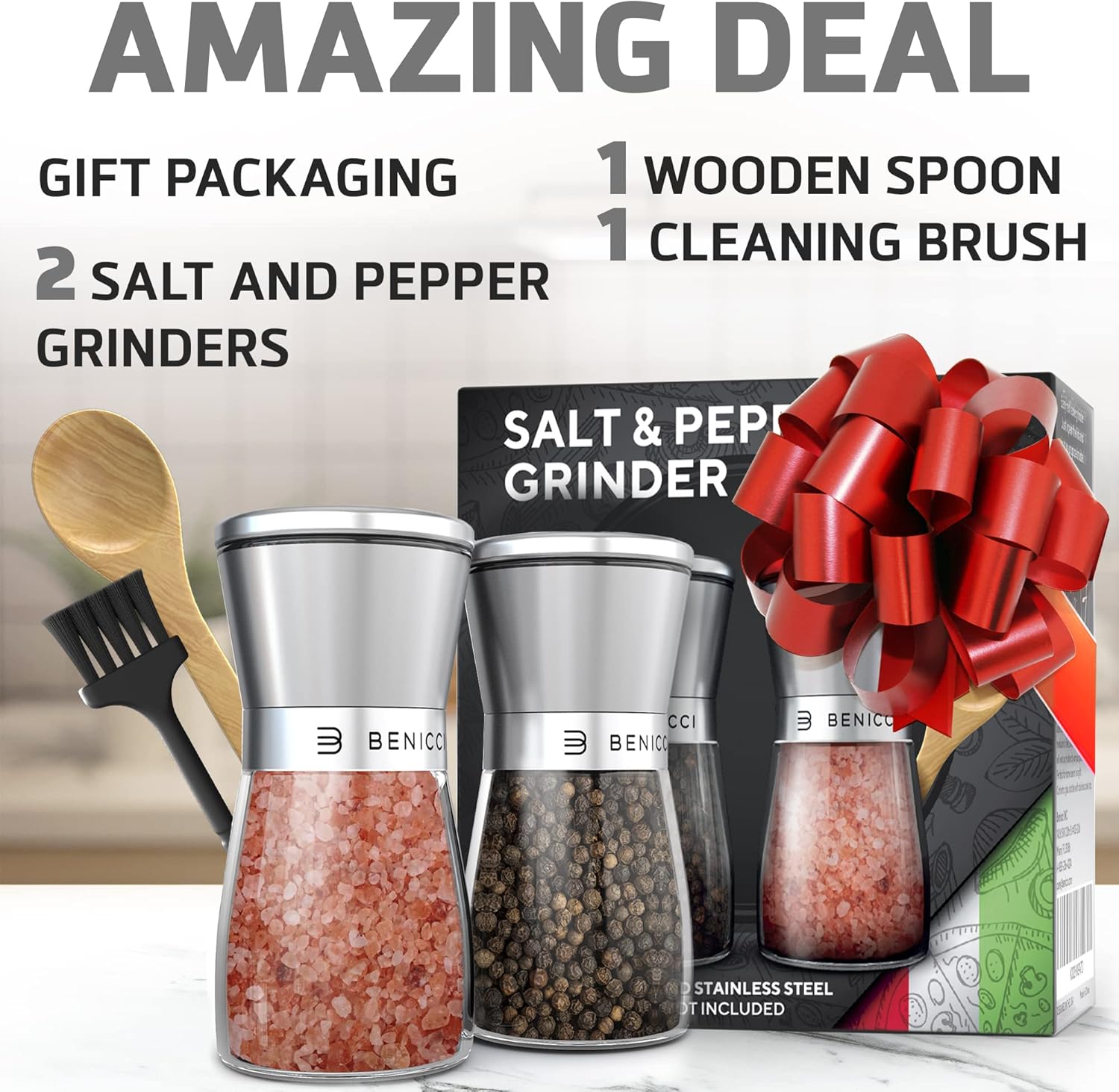 Benicci Salt and Pepper Grinder Set of 2 - Adjustable Coarseness