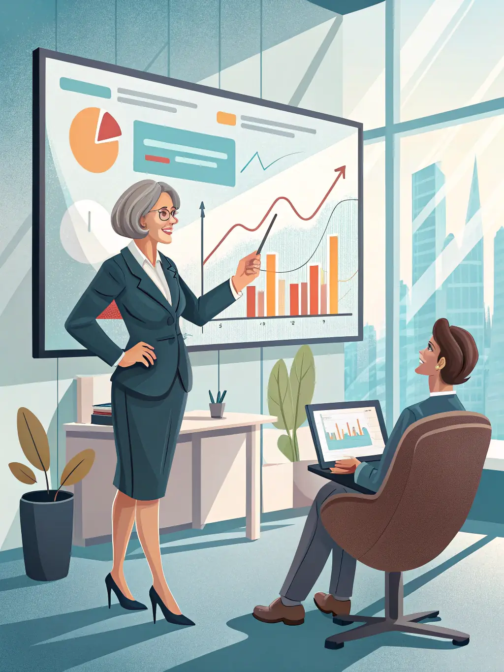 A professional consultant in a modern office setting, advising a client on digital transformation strategies, with charts and data visualizations in the background.