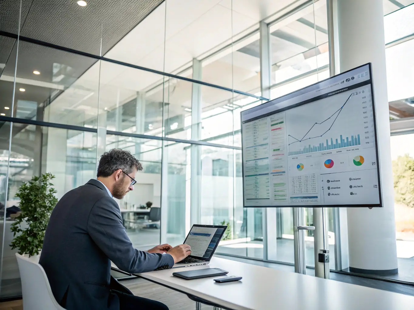 An image showing a consultant analyzing e-commerce data on a dashboard, illustrating improvements in online sales and customer engagement.