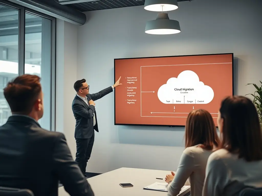 An image depicting a consultant presenting a cloud migration plan to a client, highlighting security and scalability benefits.