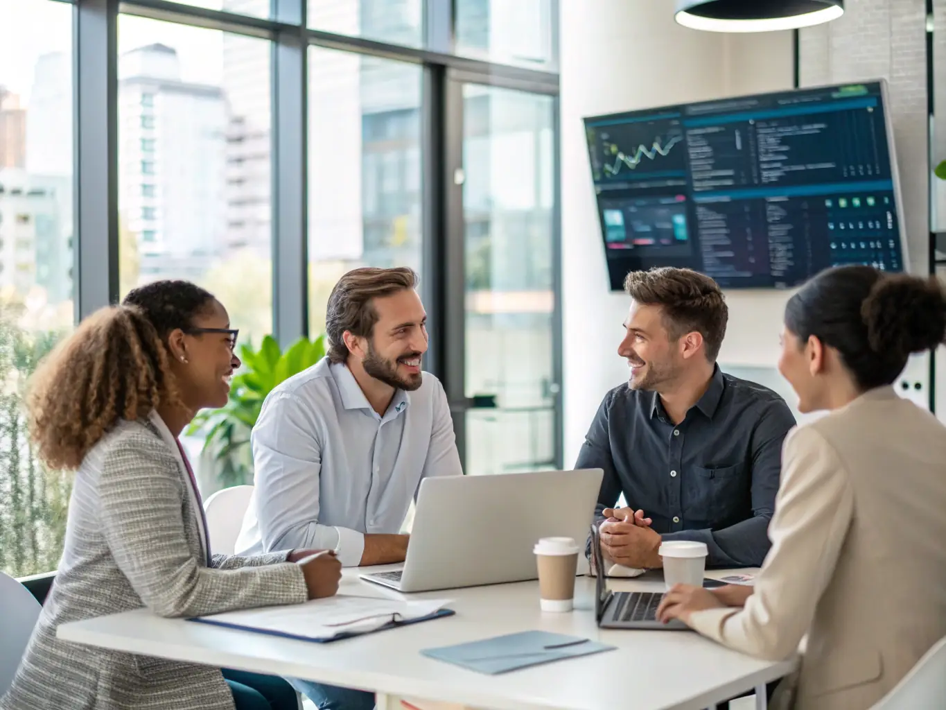 An image showcasing a team of consultants working on a digital transformation strategy with a client, using laptops and discussing data insights in a modern office setting.