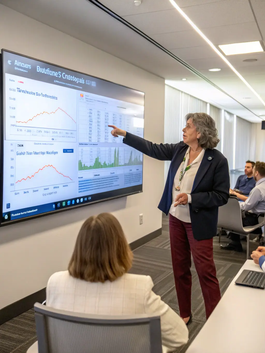 A consultant presenting data analytics insights to a client, showcasing key performance indicators and actionable recommendations.