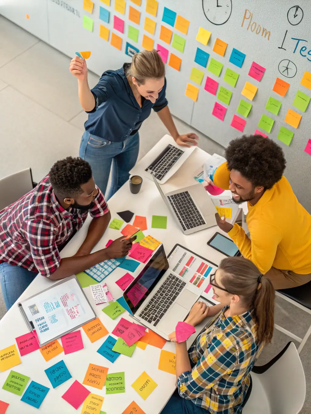 A team of IT consultants collaborating on a cloud migration project, discussing server architecture and data security protocols.